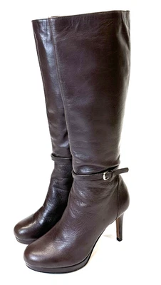 Nine West Brown Knee-High Leather High-Heeled Boots Round Almond Toe Womens 6M - Image 1 of 4