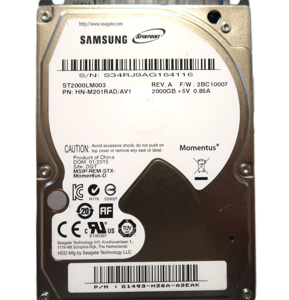 Samsung ST2000LM003 HN-M201RAD/AV1 G1493-H26A 2BC10007 (S34R) 2.5" 2TB 01/2015 - image 1 of 1