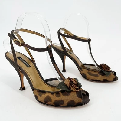 Dolce & Gabbana Leopard Print Floral T-Strap Peep Toe Heeled Sandals IT 37.5 - Image 1 of 4