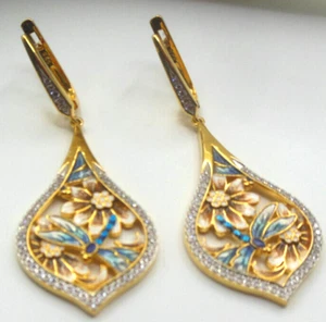 Vintage 925 CZ Enamel Flower Dragonfly Dangle Earrings 2" Long - Picture 1 of 4