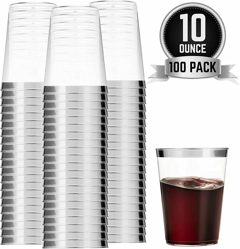 96 Silver Plastic Cups 10 Oz Clear Plastic Cups Tumblers Silver Rimmed Cups - Image 1 of 4