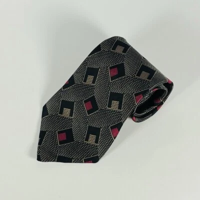 Enrico Guccini 100% Silk Neck Tie Black/Gold/Burgundy Geometric Handmade 3.75" - Image 1 of 4