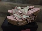 Pink  Strappy Faux Leather 5" Wedge w/flower designs & Stones. Size  9m.