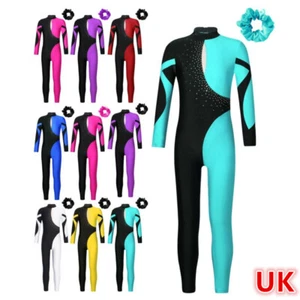 UK Kids Girls Catsuit Full Body Jumpsuit Sports Leotard Shiny Activewear Unitard - Picture 1 of 100