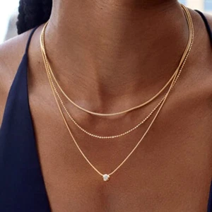 Woman 18k Gold Plated CZ Triple Layers Beaded Ball Snake Chain Necklace - Picture 1 of 5