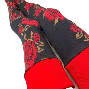 Floral Sweater Leg Warmers Red Knit Thigh Highs Flower Black Over the Knee Socks - Picture 1 of 7