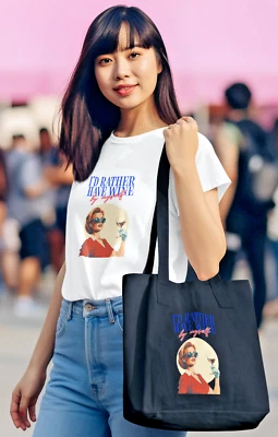 Bolso de Mano Algodón Orgánico, Ecológico, Negro, "Prefiero Beber Vino Yo Myself" Foto 1 de 4