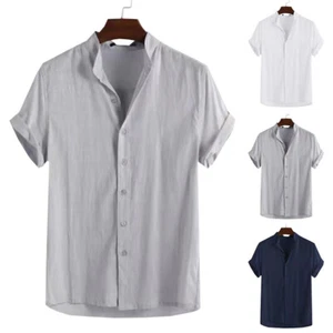 Camisa Para Hombres Lino Sólido Algodón Manga Corta Trabajo Formal Blusa Abotonada Top Я - Imagen 1 de 10