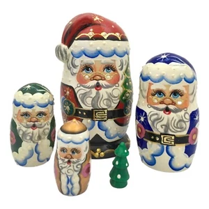 Russian Santa Hand Carved Hand Painted Christmas Nesting Dolls - Picture 1 of 5