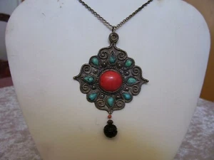 Antique Chinese Pendant Necklace Coral Turquoise Carved Bead - Picture 1 of 8