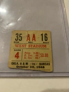 BOLETO RARO 1948 NCAA FÚTBOL OKLAHOMA A&M ESTADO VAQUEROS VS KANSAS JAYHAWK - Imagen 1 de 2