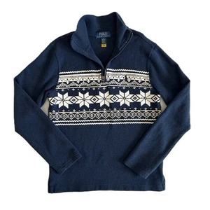 Polo Ralph Lauren Boy’s Blue Snowflake Ribbed Quarter Zip Pullover Sweater M - Picture 1 of 11