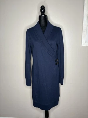 LRL Lauren Jeans Co Womens Sz M Blue Fisherman Faux Wrap Sweater Dress Holiday - Image 1 of 4