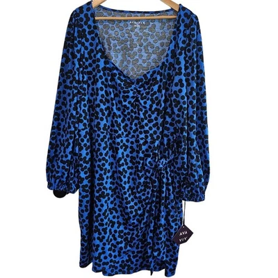Vestido Ava & Viv para mujer talla 2X azul a lunares cuello en V manga larga imitación corbata envoltura Foto 1 de 4