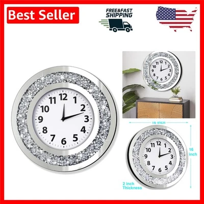16x16 Crushed Diamond Mirrored Wall Clock - Classic Round Design for Home Décor - Image 1 of 4