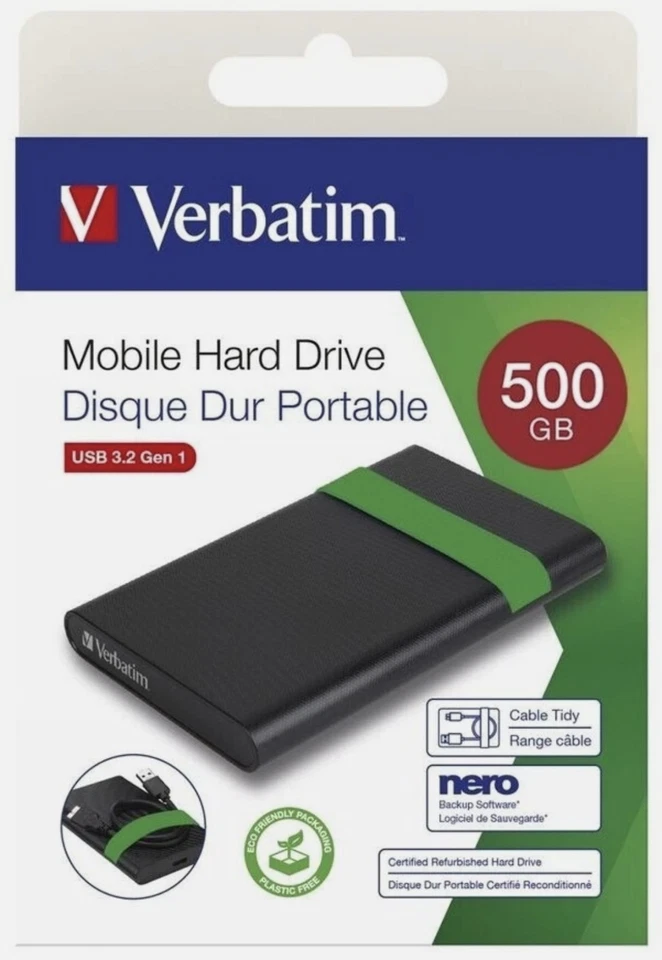 Verbatim Hard Disk Esterno 2.5” 500GB Certificato Compatibile 5400RPM USB 3.2 - Immagine 1 di 4