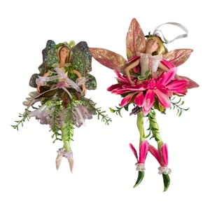 Juego de 2 Muñecas Artistas Hechas a Mano Flor Hada Pixie Colgantes o Sentadas 8" y 10" - Imagen 1 de 11