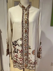 Citron Santa Monica Silk Button Front Blouse Top Size L Dragon Embroidered - Picture 1 of 14