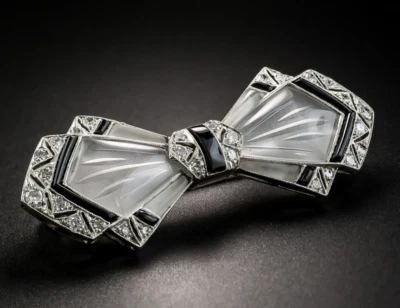 Art Deco Moonstone, Black Enamel & Cubic Zirconia 0.40CT Women's Brooch Pin  - Image 1 of 4