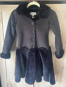 American Widgeon Black Faux Fur Trim Drop Waist Swing Coat Girls 8 Button Down - Picture 1 of 10