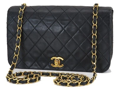 Auth CHANEL Black Quilted Lambskin Leather Chain Shoulder Flap Bag #41950 - image 1 of 4