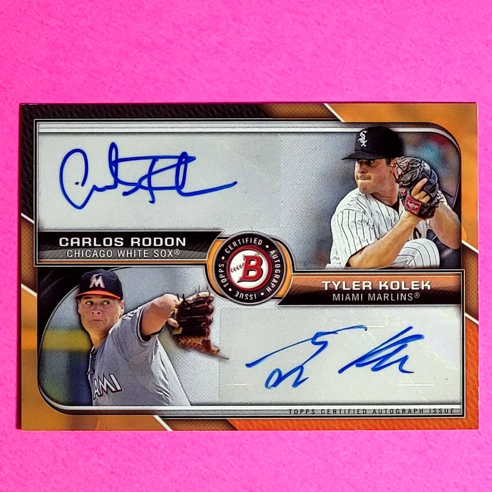2015 Bowman Dual Auto Laranja SSP #d/25 Carlos Rodon Tyler Kolec autógrafo novato - Imagem 1 de 2