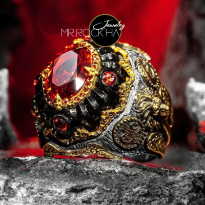 Red Zircon,Relief Maned Lion,Gold Plated,Handmade,925 Sterling Silver Men's Ring - Image 1 of 4