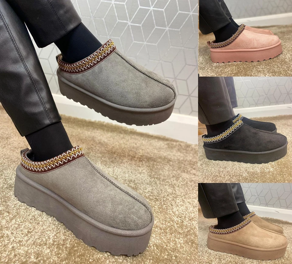 Womens Faux Fur Lined Slippers Boots Platform Indoors Slip On Warm Ladies Shoes