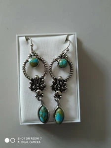 Tibetan Silver and Faux Turquoise & Golden Marbling Earrings. Boxed Gift Idea. - Picture 1 of 8