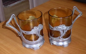 2 soportes para vasos de té WMF - estaño - diseño floral - Art Nouveau - vasos a juego - Imagen 1 de 2
