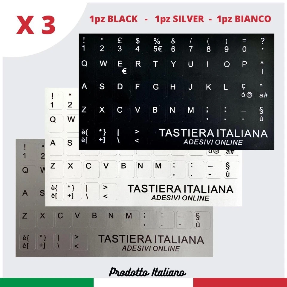 Adesivi Tastiera  Italiana mm. 11x13 x Pc Multicolor (3Kit:nero,white,silver) - Immagine 1 di 2