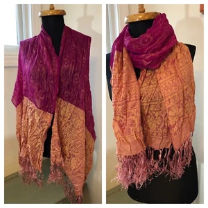 Indian Fuchsia Pink Orange 4.5" Fringe Scarf Shawl Semi-Sheer 64.5 x 21" - Picture 1 of 15