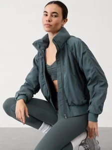 ATHLETA Jetset Bomber Jacket Water Repellent Hood Rain | Eden Large #818839 NEW - Picture 1 of 5