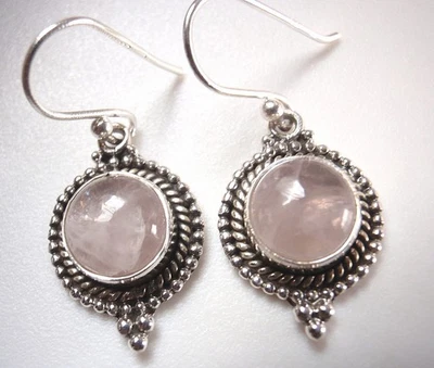 Pendientes redondos colgantes de cuarzo rosa de plata de ley 925 muy bien acentuados m369 Foto 1 de 3