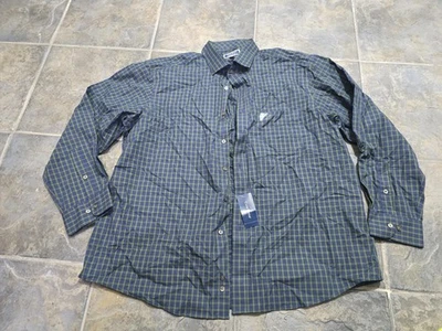 Club Room 男式标准版型棉格子正装衬衫海军蓝绿色 18 34/35 — 第 1/4 张图片