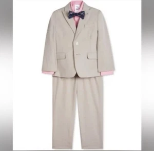 Boys Calvin Klein 4 Piece Oatmeal Shirt Pants Jacket Bow Tie Suit - Sz 5 - Picture 1 of 1