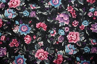 PINK, PURPLE AND BLUE FLOWERS ON BLACK FROM SPRINGS - 100% COTTON FABRIC - Image 1 of 4