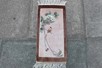 Vintage Silk Rug Hand Made Art Deco Chinese Oriental Brown Small Rug 63x31cm - image 1 of 4