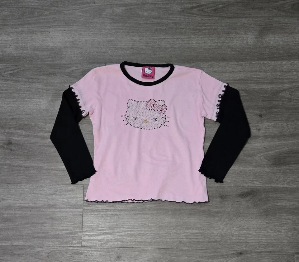 Camisa De Colección Y2K Hello Kitty Manga Larga Estrás Rosa Niñas Talla Grande 6X Foto 1 de 4