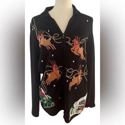 Vintage Investments Christmas Santa Sleigh Reindeer Full Zip Cardigan Size Large - Image 1 of 4