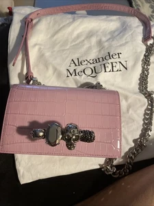 Alexander McQueen Mini Jewelled Satchel Croc Embossed Leather Crossbody Bag Pink - Picture 1 of 3