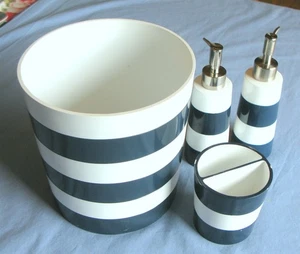 Pottery Barn Kids Blue Stripe Bathroom Trashcan Soap Toothbrush 4-Piece Set GUC - Picture 1 of 17