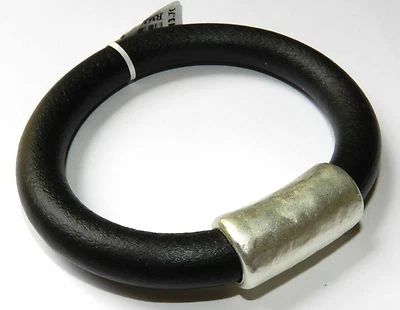 Unique Rope Black Leather Rubber Bangle Bracelet w Hoop Silver 925 Plated 2.6"  - Image 1 of 4