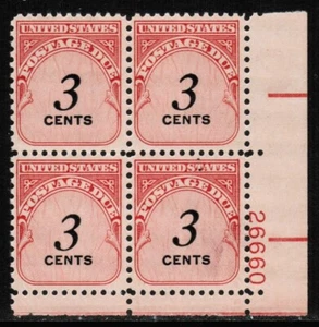 US USA Sc# J91 MNH FVF PLATE# BLOCK 3 cent Postage Due Shiny Gum - Picture 1 of 1