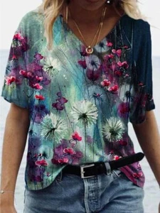 ⭐Blusa Mujer Camiseta Estampado Flores Moda Suelta Manga Corta Cuello En V Tops  - Picture 1 of 1
