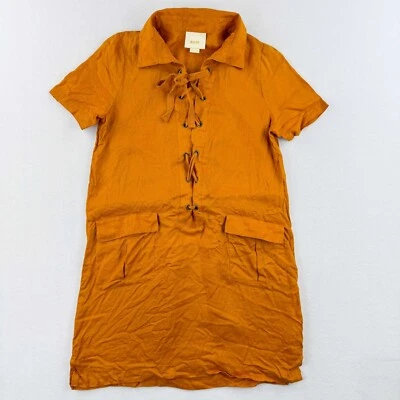 Maeve Linen Mini Dress Size 4 Lace Up Pockets Short Sleeve Orange Anthropologie - Image 1 of 4
