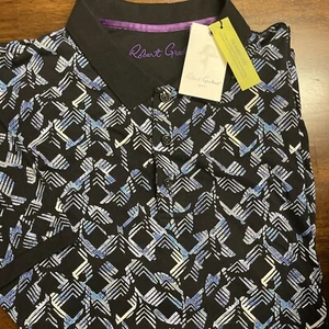 Robert Graham Mens SZ M Geometric Altman Black White Blue SS Polo Shirt NWT - Picture 1 of 9