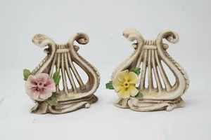 Lot of 2 Vintage Capodimonte Nuova Lyre Harp Figurines w Pink & Yellow Roses  - Picture 1 of 10