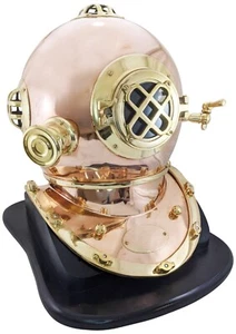 18 Inch Copper & Brass Replica Mark V Diving Helmet with Wooden Display Stand - Picture 1 of 8