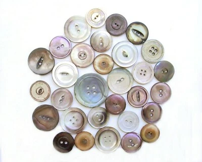 VINTAGE ABALONE & SHELL BUTTONS 31 ASSORTED MEDIUM LARGE BROWN GREY SEW THRU - Image 1 of 4